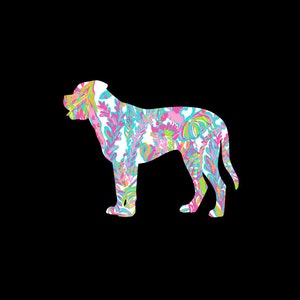 May include: Silhouette of a dog with a floral pattern in shades of pink, blue, and green against a black background.