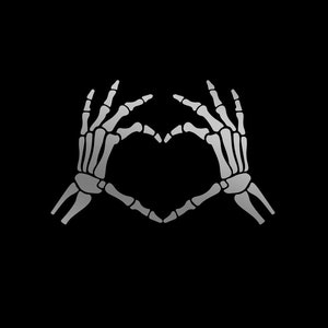 May include: Two skeletal hands forming a heart shape with their fingers. The hands are white and are on a black background.