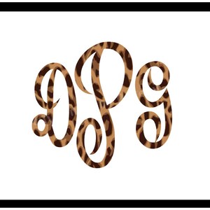 May include: A monogram with the letters "D P G" in a leopard print pattern. The letters are stylized in a cursive font.