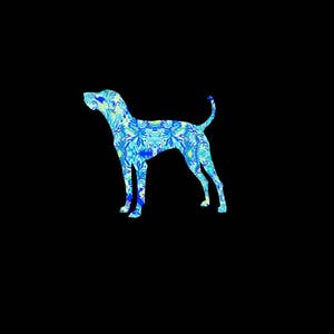 May include: A blue and green patterned silhouette of a dog standing on a black background.