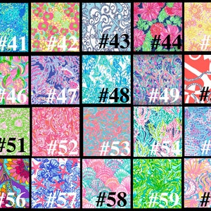 May include: A collection of 20 different fabric swatches with various patterns and colors, including floral, geometric, and nautical themes. Each swatch is numbered from 41 to 60.