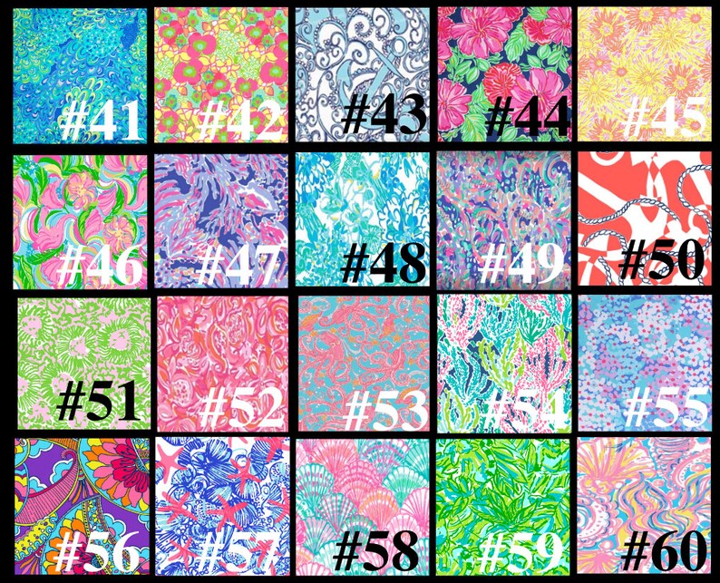 May include: A collection of 20 different fabric swatches with various patterns and colors, including floral, geometric, and nautical themes. Each swatch is numbered from 41 to 60.