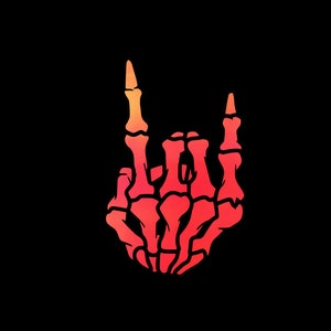 May include: A skeleton hand making the rock and roll hand gesture. The hand is a gradient of red and orange.