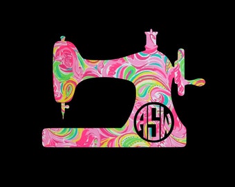 Antique Sewing Machine Monogram Decal in your choice of pretty preppy patterns and prints!  Choose your size and pattern, customize or not!