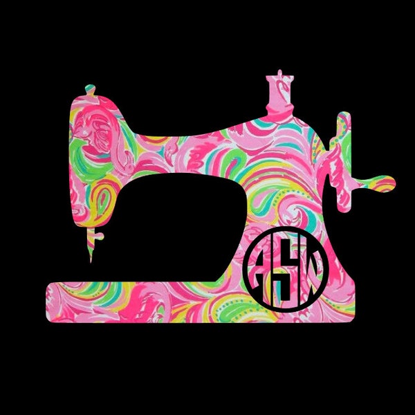 Antique Sewing Machine Monogram Decal in your choice of pretty preppy patterns and prints!  Choose your size and pattern, customize or not!