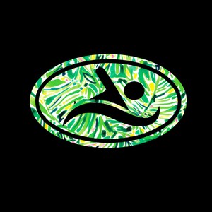 May include: A black and white silhouette of a swimmer inside an oval with a green, yellow, and pink tropical leaf pattern.
