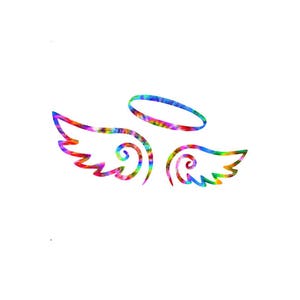 May include: A rainbow colored angel wing design with a halo. The wings are stylized with swirls and the halo is a simple circle.