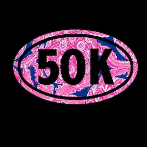 May include: Pink and blue oval sticker with a white outline and a paisley pattern. The sticker says "50K" in black.