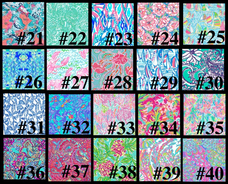 May include: A collection of 40 different colorful patterned fabric swatches. Each swatch is numbered from 21 to 40.