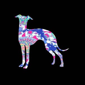 May include: A silhouette of a greyhound dog with a colorful paisley pattern. The pattern features pink, blue, and green colors.
