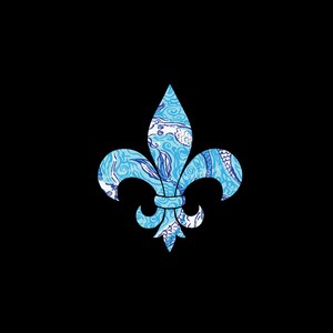 May include: A blue and white patterned fleur-de-lis design. The design is intricate and detailed, with swirls and curves.