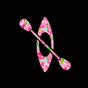 May include: A pink and green floral patterned kayak with a matching paddle.