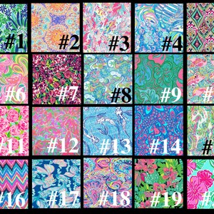 May include: A grid of 20 different colorful patterned fabric swatches. Each swatch is numbered from 1 to 20.
