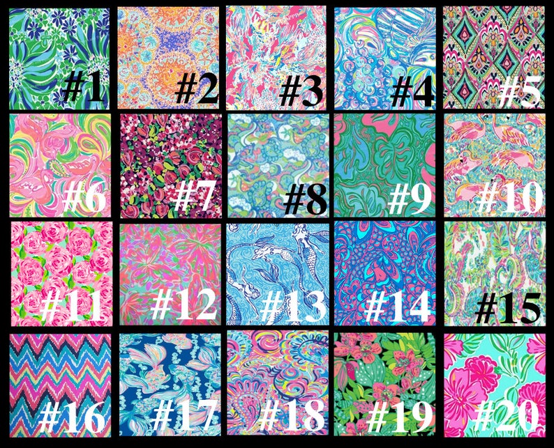 May include: A grid of 20 different colorful patterned fabric swatches. Each swatch is numbered from 1 to 20.