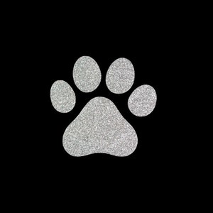 May include: A silver glitter paw print on a black background.
