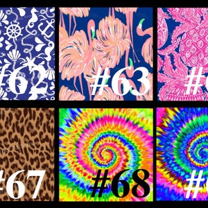 May include: Ten different fabric swatches with numbers 61 through 70 printed below each swatch. The swatches feature a variety of patterns, including paisley, floral, animal print, and tie-dye.