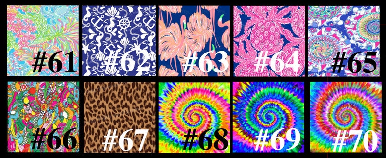 May include: Ten different fabric swatches with numbers 61 through 70 printed below each swatch. The swatches feature a variety of patterns, including paisley, floral, animal print, and tie-dye.