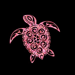 May include: A pink and black stylized illustration of a sea turtle with a patterned shell. The turtle is facing forward with its head up and its legs outstretched.