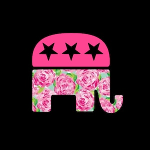 May include: A pink elephant silhouette with three black stars on top. The elephant is patterned with pink and green floral designs.