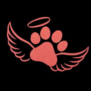 May include: A coral-colored paw print with a halo and angel wings on a black background. The paw print has five pads and is surrounded by stylized wings. The halo is a simple ring shape. The image is a graphic design.