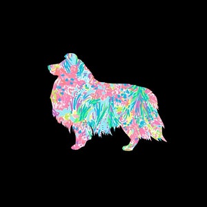 May include: Silhouette of a dog with a colorful floral pattern. The dog is standing on a black background.