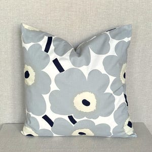 Elegant Grey Poppy Flower Pillow Cover. Handmade Vintage Style Marimekko Decor.