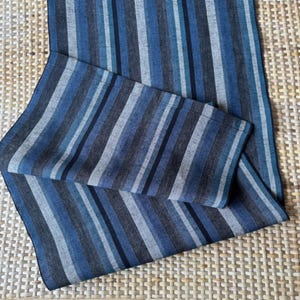 May include: A blue and grey striped textile, possibly a scarf or runner, is folded over itself. The stripes vary in width and shade, creating a textured appearance. The fabric is likely linen or a similar material. The background is a woven surface.
