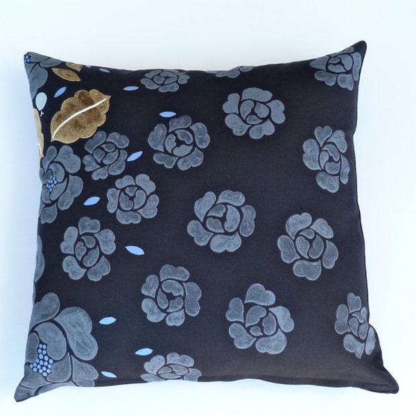 Marimekko Black Floral, Suede Look Pillow / Cushion Cover. Charcoal, White, Pastel Blue on Black. Black Home Accents. 44 / 44 cm