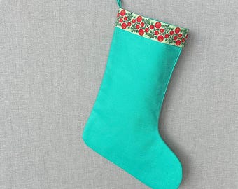 Bright Green Linen Holiday Stocking. Fun Christmas Wall Hanging.