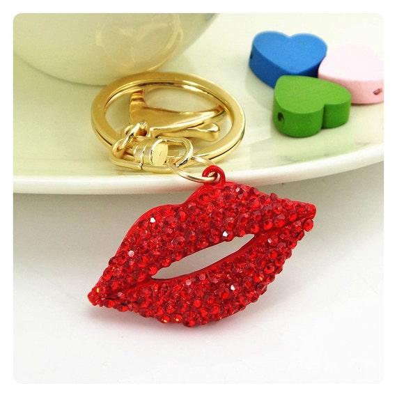Sparkling Lipstick Lip Women Bag Car Key Accessories Pendant Keychain Red
