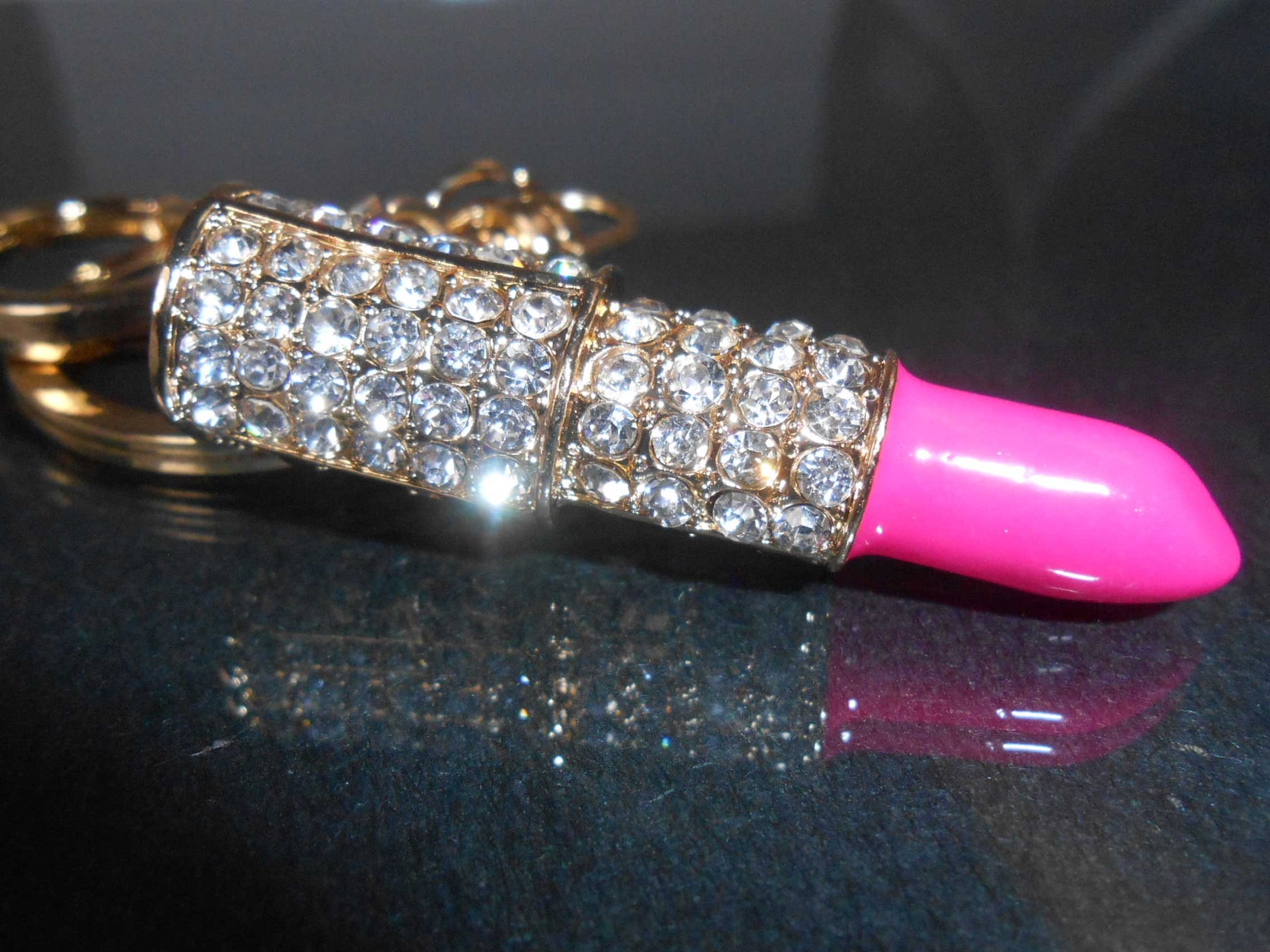 Pink Lipstick Crystal Bling Keychain Rhinestone Purse Charm Etsy