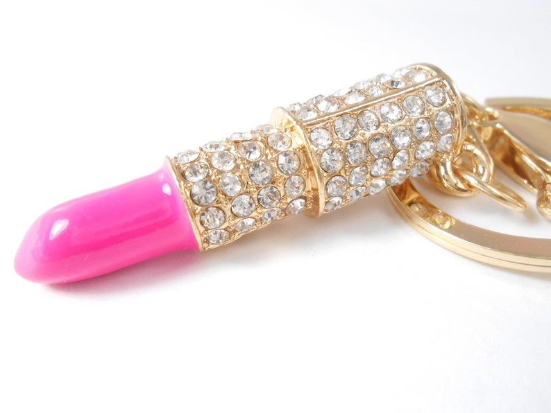 Pink Lipstick Crystal Bling Keychain Rhinestone Purse Charm Etsy