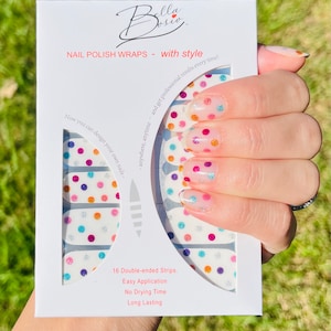 A colorful glitter polka dot design over a clear background- Nail Polish Wrap strips for short nails