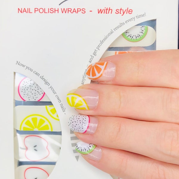 Lets get fruity, Fruit Nail Polish Wrap strips for short nails has fun fruit over a clear base color