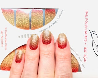 Gradient glitter Nail Polish Wrap strips for short nails. Gold, Red and orange ombre