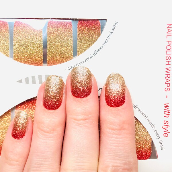 Gradient glitter Nail Polish Wrap strips for short nails. Gold, Red and orange ombre