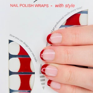 Classic Red French Manicure Nail Polish Wrap strips for short nails with a little gold glitter line