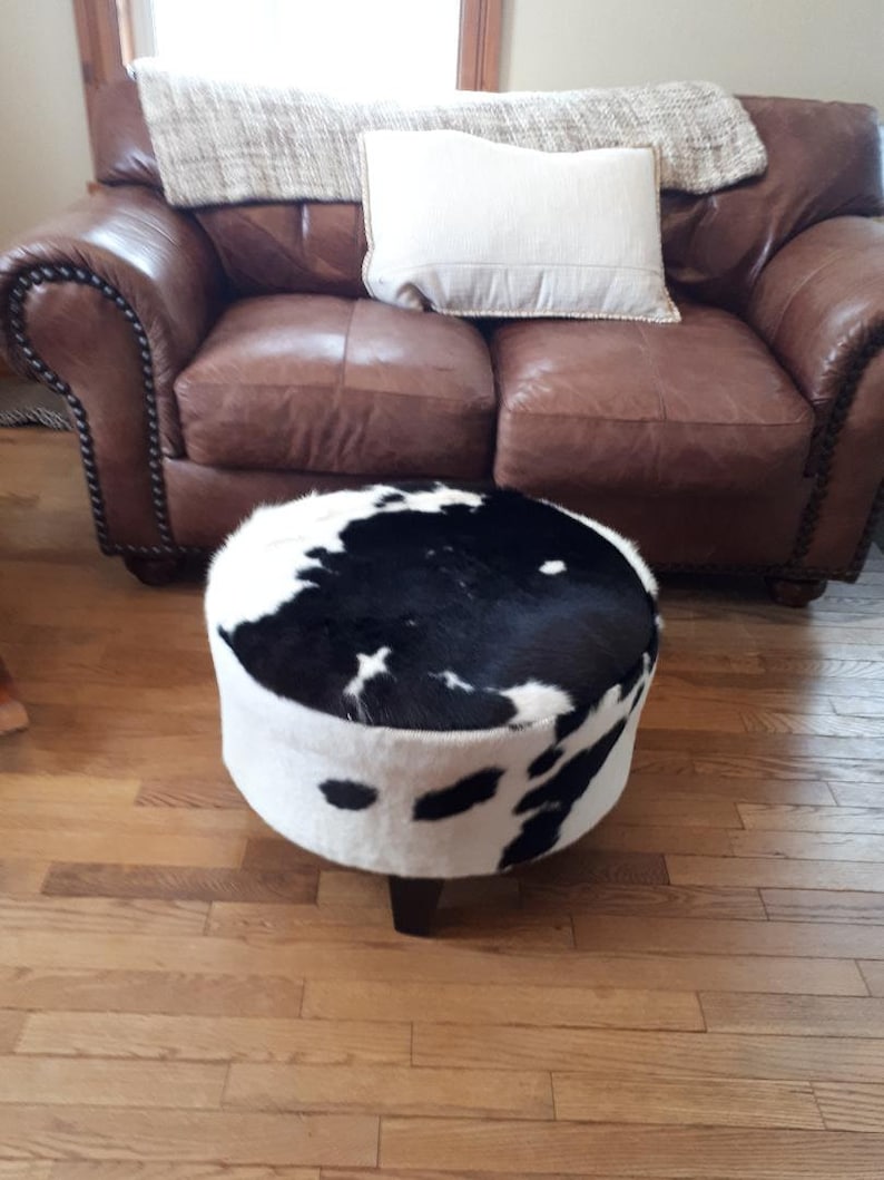 Genuine Brazlian Cow Hide Round Cowhide Ottoman Footstool Etsy