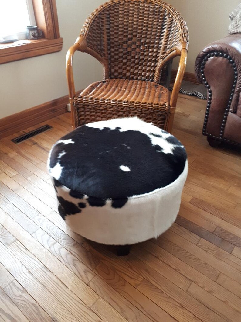 Genuine Brazlian Cow Hide Round Cowhide Ottoman Footstool Etsy