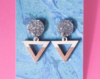 Laser Cut Acrylic Geometric Dangle Earrings / Glitter Hand Painted Triangle Statement Earrings / Art Deco Earrings / Minimalist Earrings