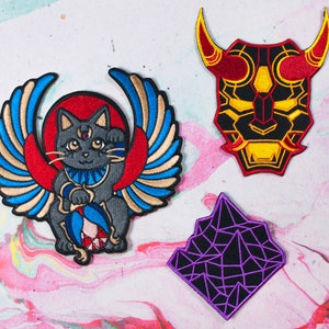 PATCH BUNDLE ALL 3 / Mecha Oni Mask / Synthwave Mountain / Egyptian Maneki Neko Lucky Cat Embroidered Patch / Aesthetic Patches / Japanese