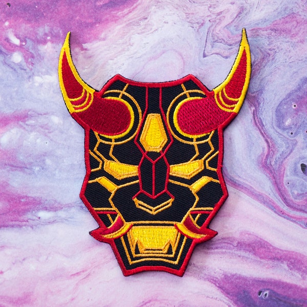 Mecha Oni Mask Embroidered Patch / Neon Red Demon Mask / Japanese Inspired / Aesthetic Patches / Cyberpunk Patch / Geometric / Futuristic
