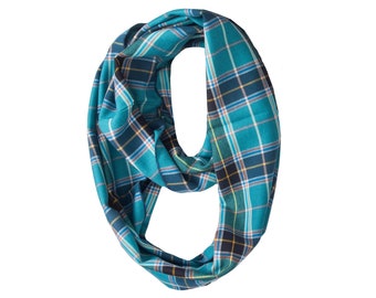 Aqua Blue Plaid Infinity Scarf Fall Winter, Plaid Loop Scarf for Women, Scarf, Scarves, Eternity Scarf, Circle Scarves, Circle Scarf