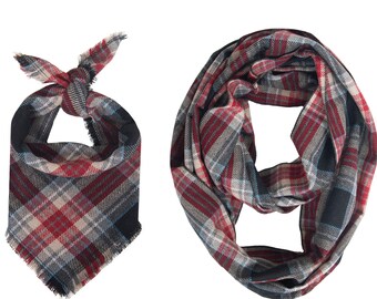 Pet Owner Set Selfie Ready Madras Plaid Dog Bandana and HuMom Infinity or Rectangle Scarf Tie-On monogram pet bandana