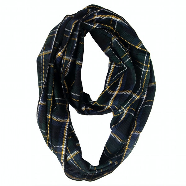 Navy Blue and Green Plaid Infinity Scarf, Fall Winter Plaid Infinity Scarf for Women, Navy Plaid Scarf, Eternity Scarf, Circle Scarves