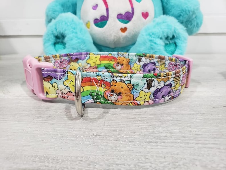 May include: A pink and white dog collar with a colorful Care Bears print featuring rainbows, stars, and Care Bears characters.
