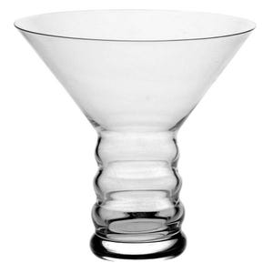 May include: A clear glass martini glass with a wide, conical bowl and a stem featuring a series of rounded ridges. The base is a solid, circular shape. The glass is designed for cocktails.