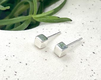 Tiny Silver Cube Stud Earrings, Delicate Minimalist Stacking Piercing