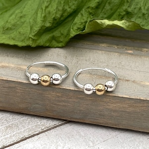 Silver Gold Beaded Hoop Earrings, Mixed Metal Simple Boho Hoops, Small Minimalist Ball Hoop, Dainty Everyday Two Tone Metal Delicate Earring