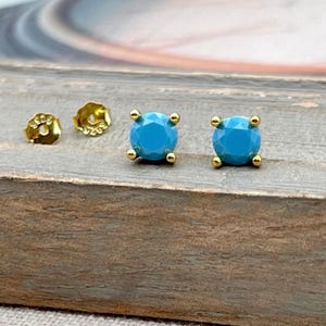 Gold Turquoise Small Cubic Zirconia Studs, Dainty Round Second Piercing Earrings